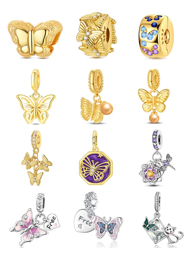 Original 925 Silver Charms Purple Butterflies Sunflowers Blue-winged Insects Beads Fit Bracelet Women Diy Gift Accessories