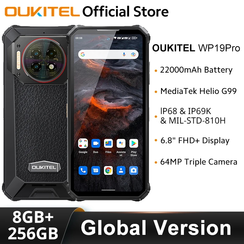 Oukitel WP19 Pro Rugged phone 8GB+256GB 22000mAh Cellphones androids NFC 64MP Rear Camera Smartphone 6.8'' FHD+ 120Hz Display