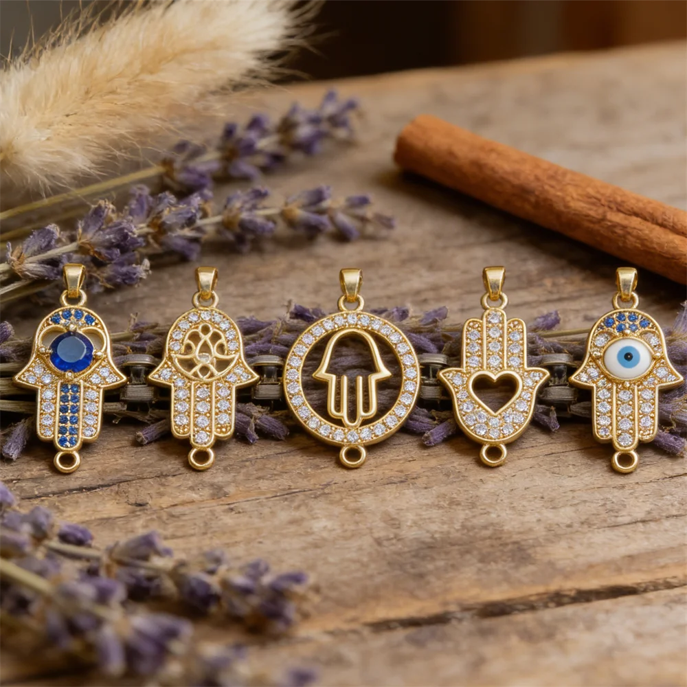 

2Pcs Link Connectors Brass Zircon Palm Evil Eye Charms Round Hollow Accessories for Diy Jewelry Making Necklace Bracelet Making