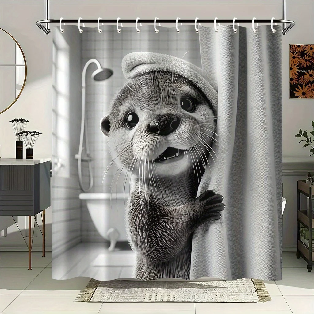 cute otter peeking from shower curtain wearing towel funny animal art realistic design bathroom decor with hooks easy to carefor