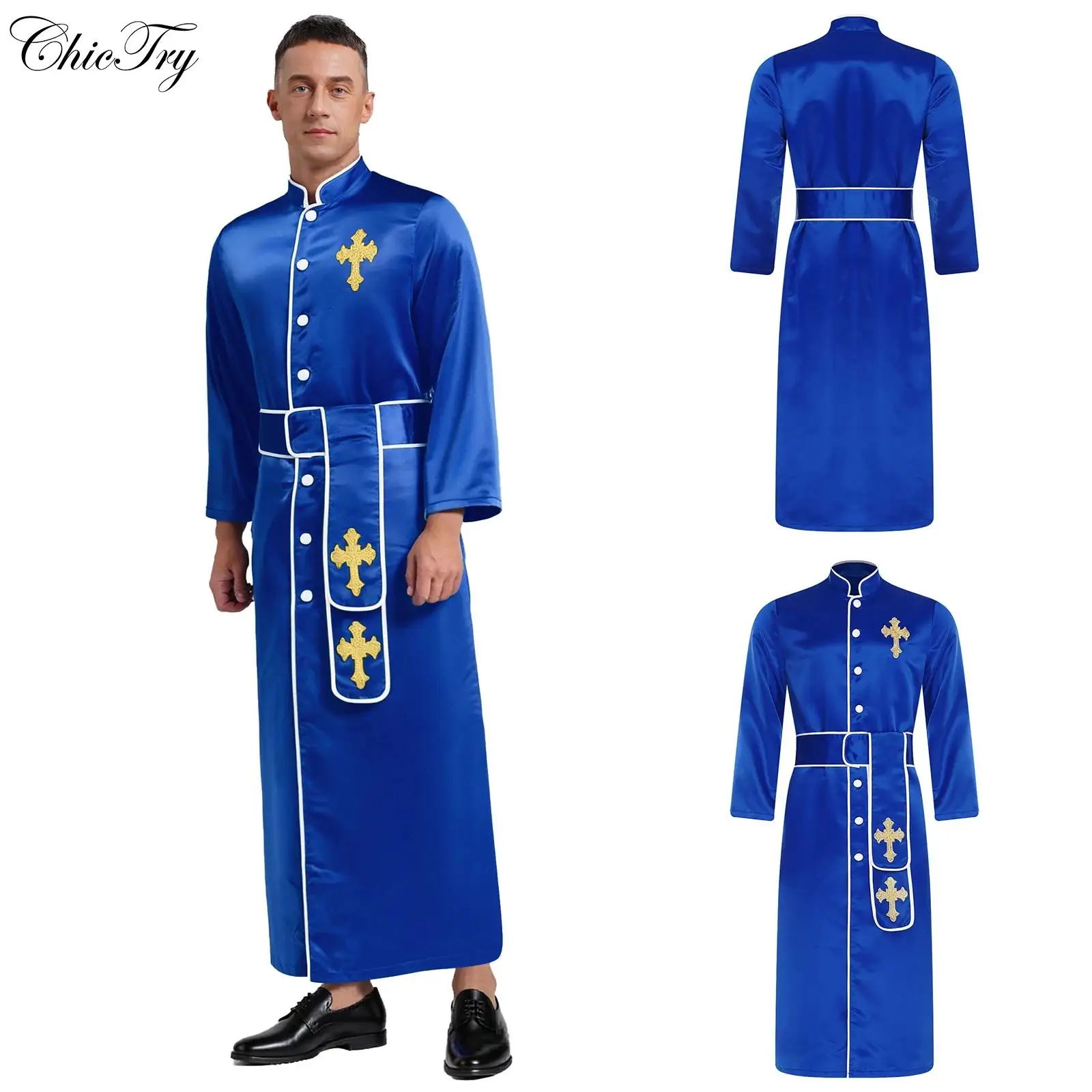 

Мужской церковный священник, духовенство, халат с поясом, блестящая вышивка крестом, ряса с воротником-стойкой, длинные куртки для Хэллоуина, пастор, косплей
