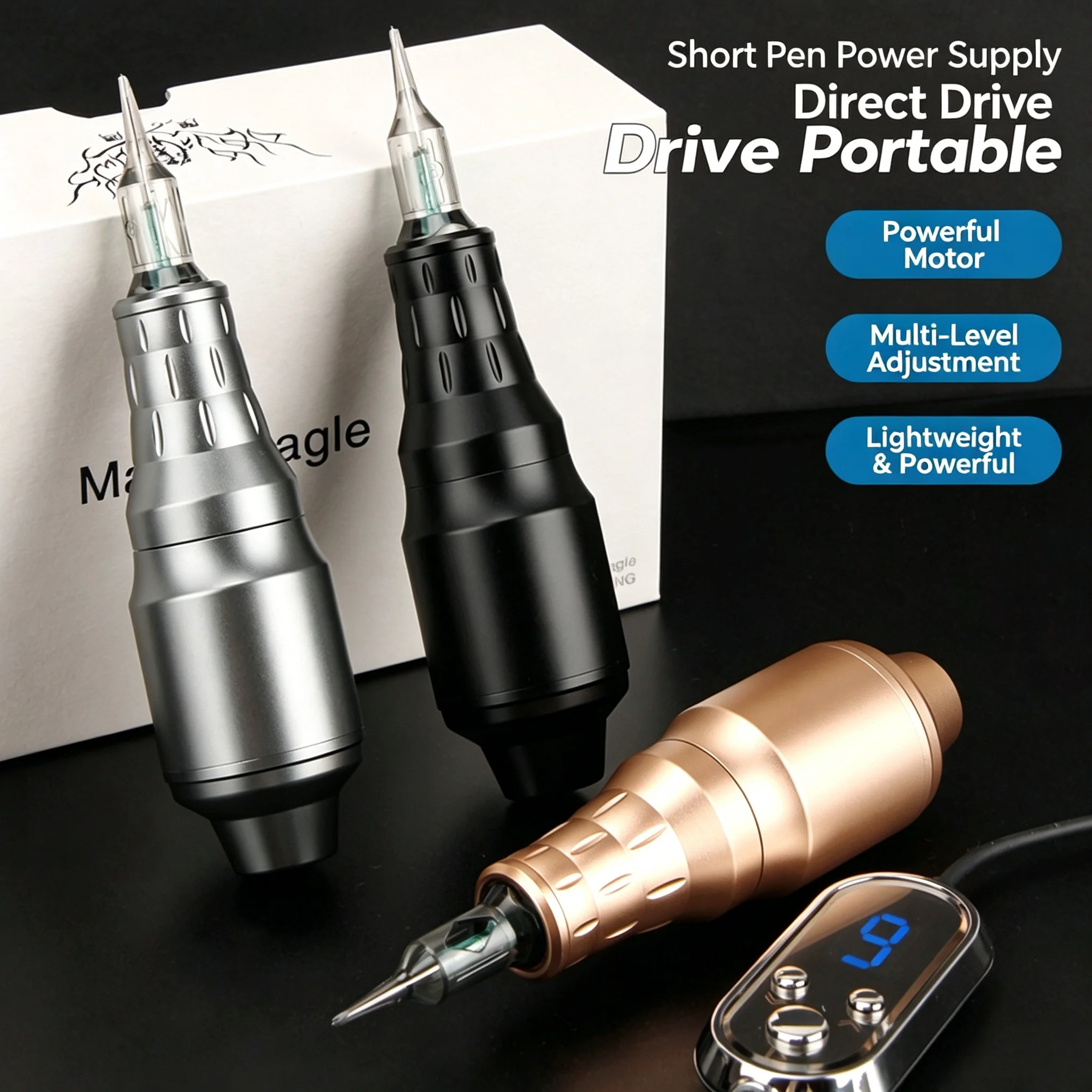 Tattoo Machine Short Pen 9-Speed Adjustment LCD Display Power Supply for Permanent Makeup Cartridge Tattoo Kit