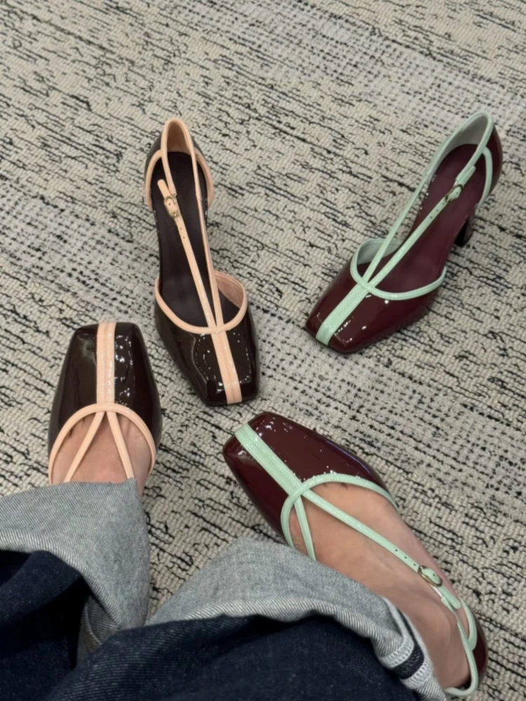2026 New French Vintage Chunky Heel Sandals Mixed Colors Patchwork Mary Jane Shoes Patent Leather Square Head T-strap High Heels
