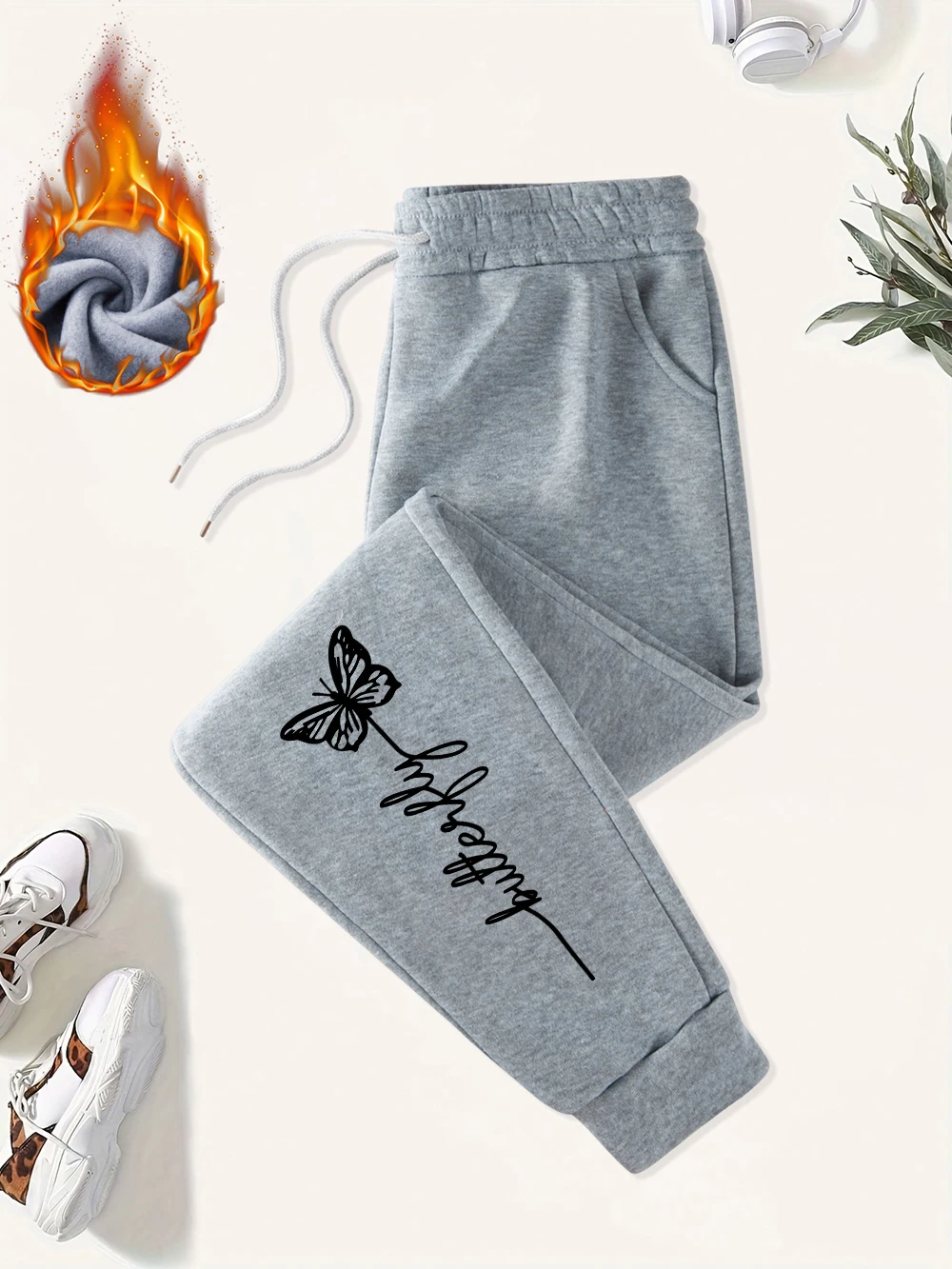 Creative Butterfly Text Printed Sweatpants Womens Winter Jogger Pants Loose Elastic Waist Pocket Trousers Basic Womans Clothing