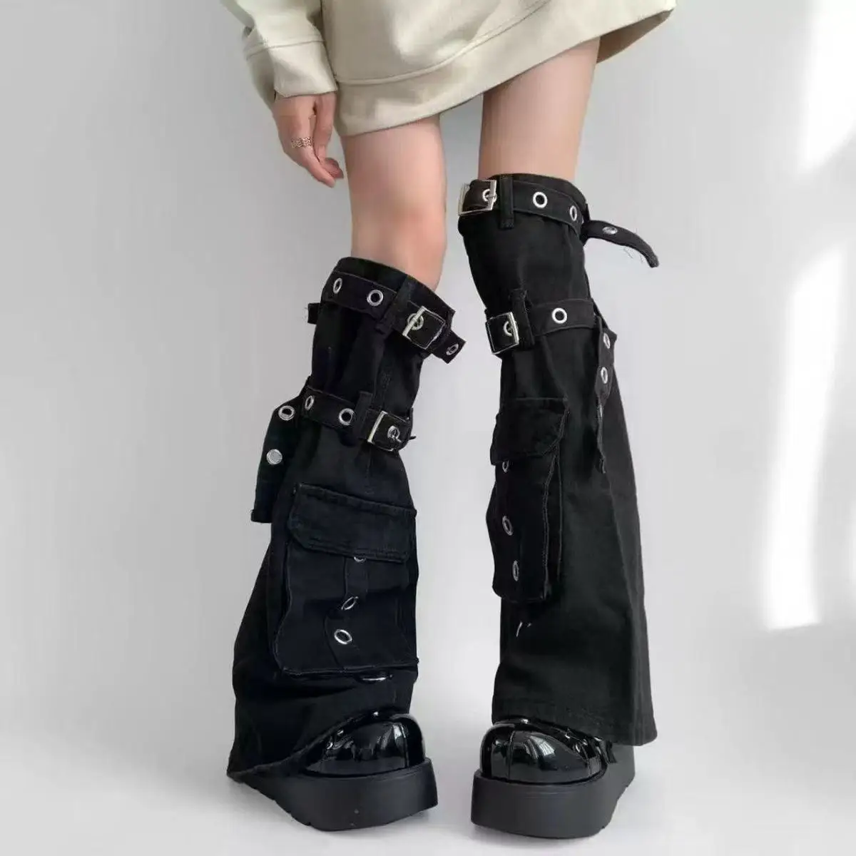 Y2k Cargo Denim Leg Warmers for Women Punk Buckle Strap Pocket Design Stacked Floor-length Boot Covers