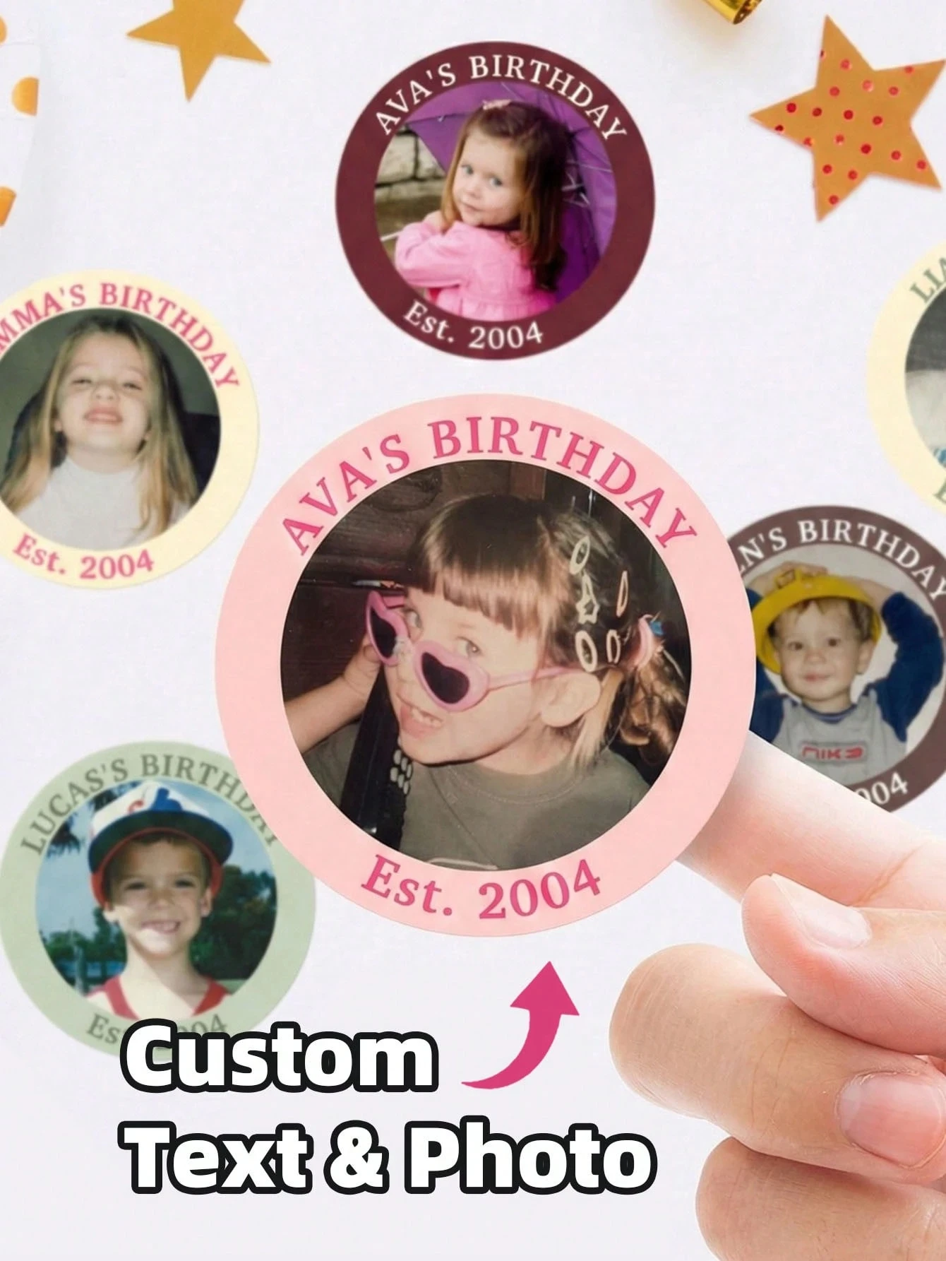 Benutzerdefinierte Fotoaufkleber Personalisierte Wasserfeste Runde Textetiketten Individuelles Bild Geburtstagsparty Geschenkverpackung Deko DIY Souvenir-Set