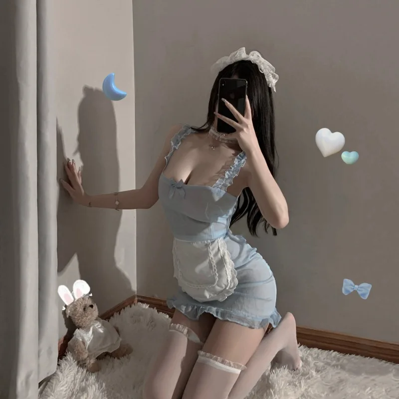 Lingerie sexy feminina, sexy e estimulante, perspectiva vazada, sem tirar, uniforme de empregada, vestido suspensor de dramatização