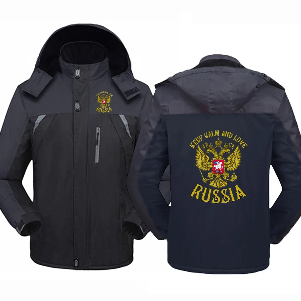 2024 New Russia Badge Gold Eagle Printing Men Zipper Jacket Windbreaker Windproof Thicken Outwear Outdoor Sports Man Overcoat