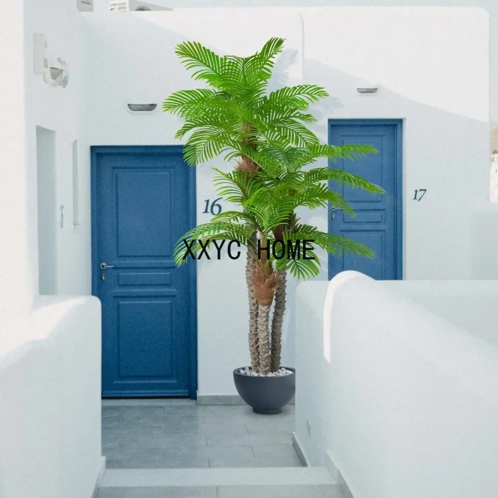 240/300cm Artificial Palm Tree Triple Tropical Fake Green Plants Faux Coconut Tree Outdoor Indoor Patio Poolside Porch Decor