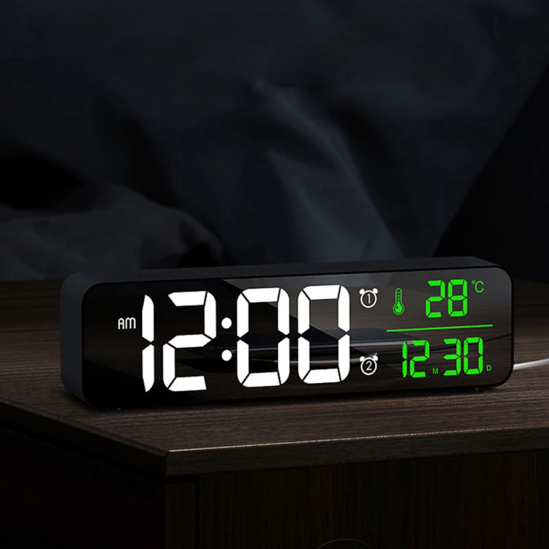 

Mirror Alarm Clock LED Music Digital Wall Clock Time Temperature Humidity Display USB Rechargeable Snooze Electronic Table Clock