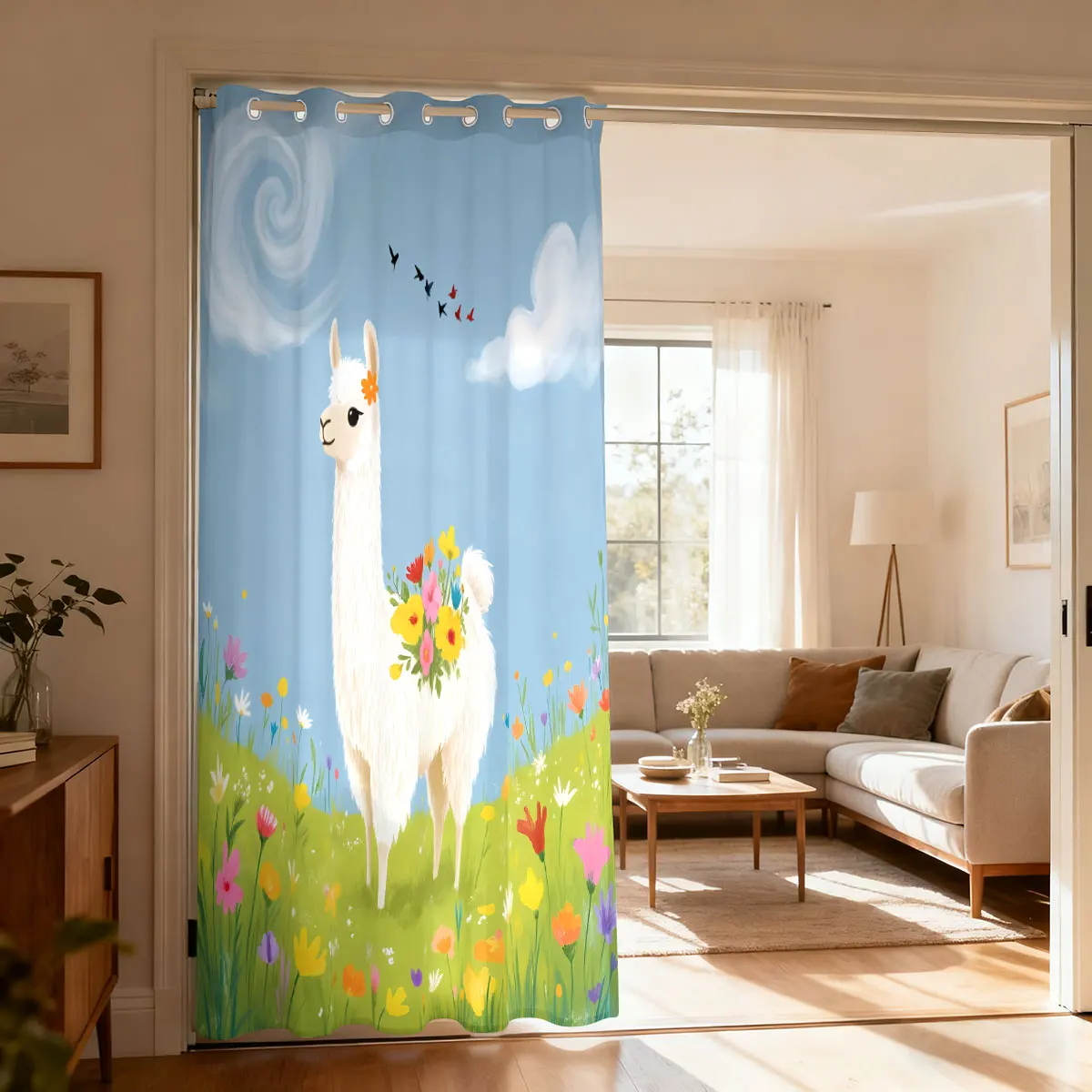 Spring Flower Field Alpaca Illustration Single Panel Loop Top Curtain 1PC, Door Hanging Curtain For Living Room Bedroom, Mode