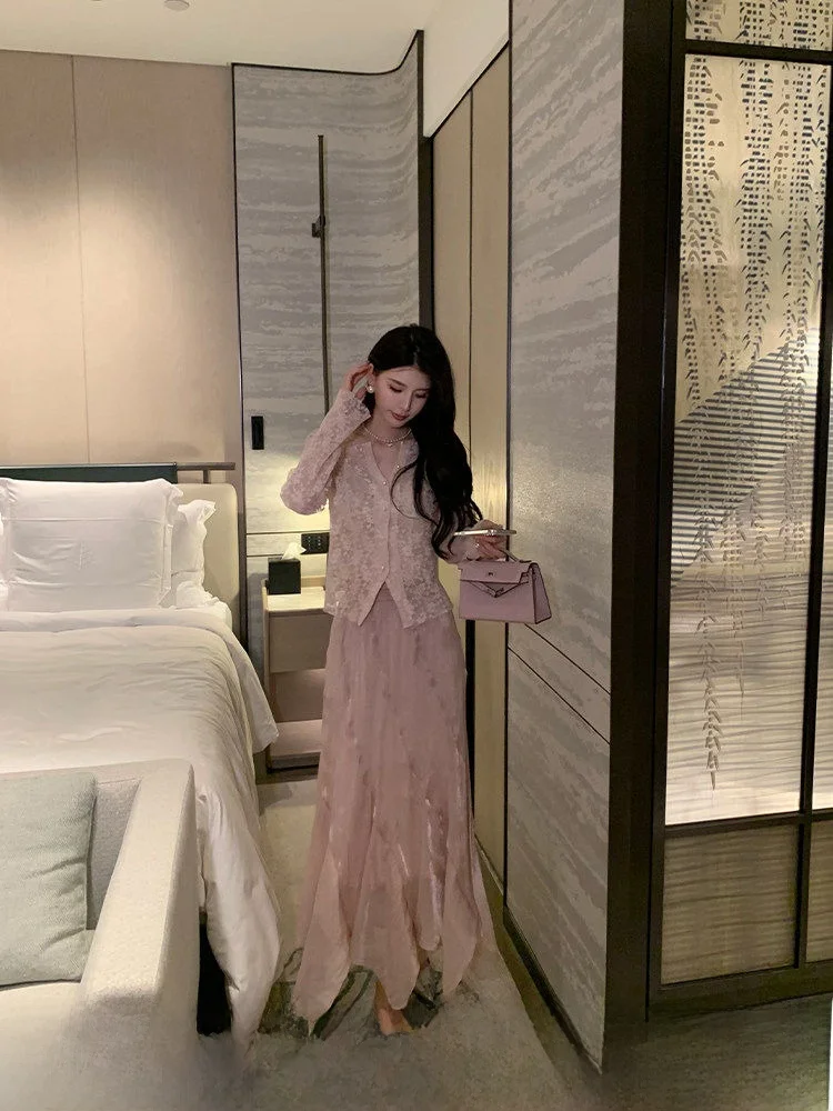 

Pink High Waist A-Line Long Skirt Women's Design Sensation Spring Summer New Style Floral Print Half-length Skirt for Ladies
