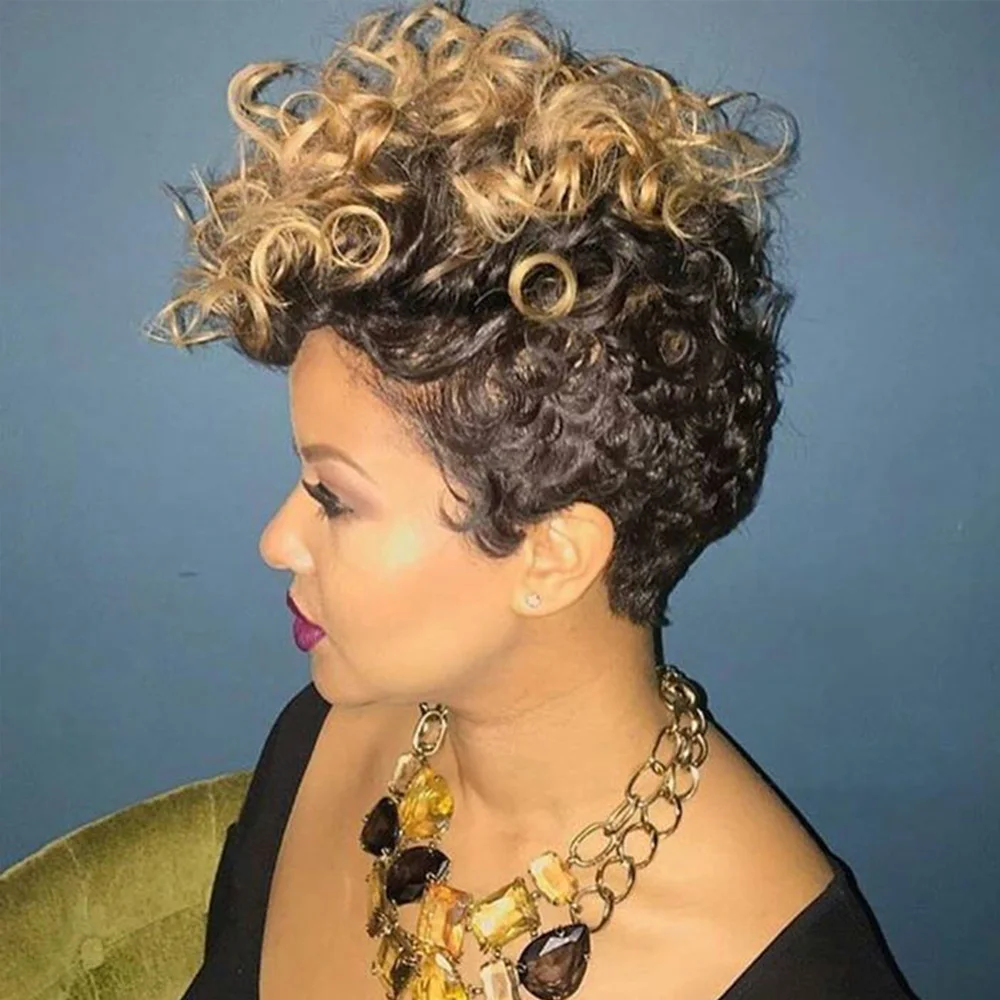 Peruka z krótkich, kręconych włosów naturalnych Pixie Curly, wykonana maszynowo, dla kobiet, krótka, kolor 1B27, na imprezy i na co dzień, peruka codzienna.
