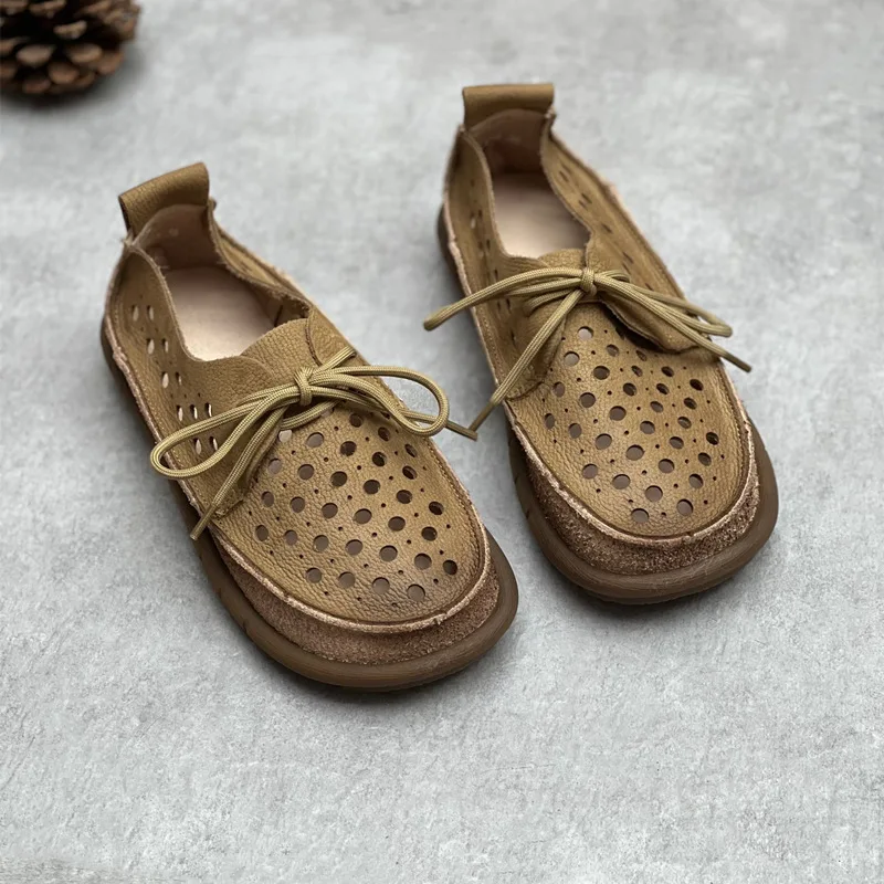 

2023 New Designer Women Loafers Genuine leather Shoes Fashion Lace Up Female Round Toe Hollow Flats Elegant Woman Footwear