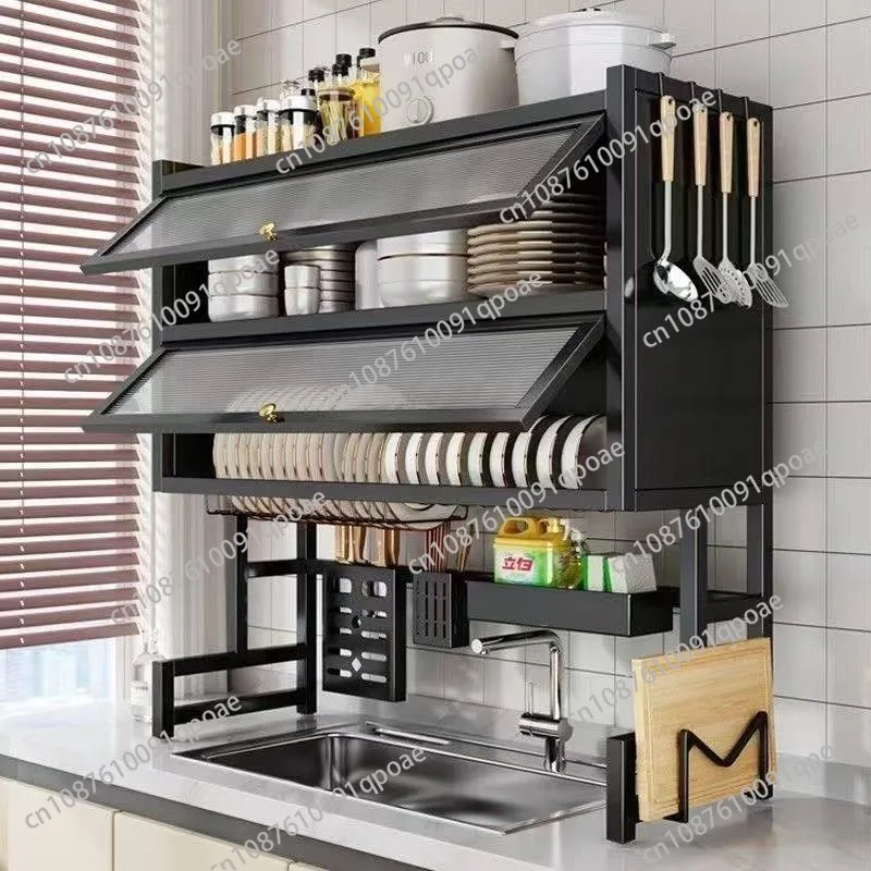 Over-the-Sink Dish Rack with Utensil Holder - Dustproof Carbon Steel Organizer for Plates/Bowls/Cutting Boards | Space Kitchen