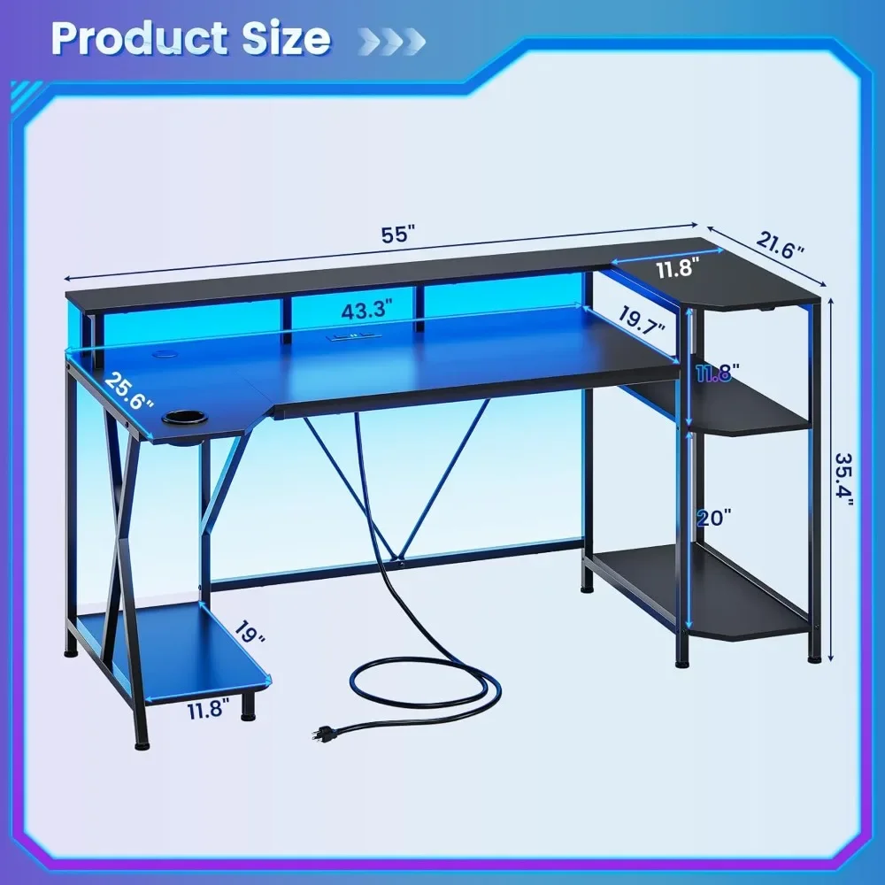 مكتب ألعاب مقاس 55 بوصة مزود بمصابيح LED وأرفف تخزين، ومكتب كمبيوتر مع حامل شاشة، ومنافذ طاقة وحامل أكواب #2