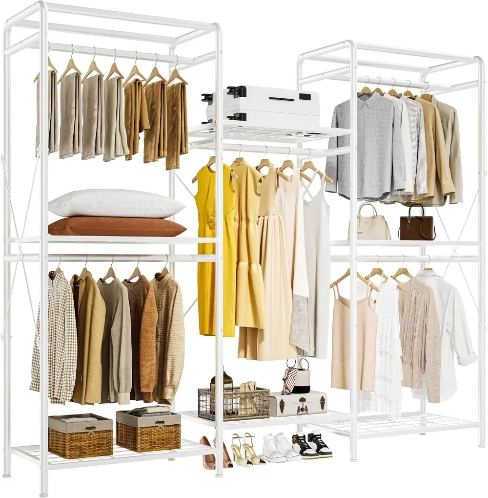 

Wardrobe Closet Organizer, Heavy Duty Clothes Rack, System with 5 Closet Rods & 6 Closet Shelves, 75.2''×67.7'', White