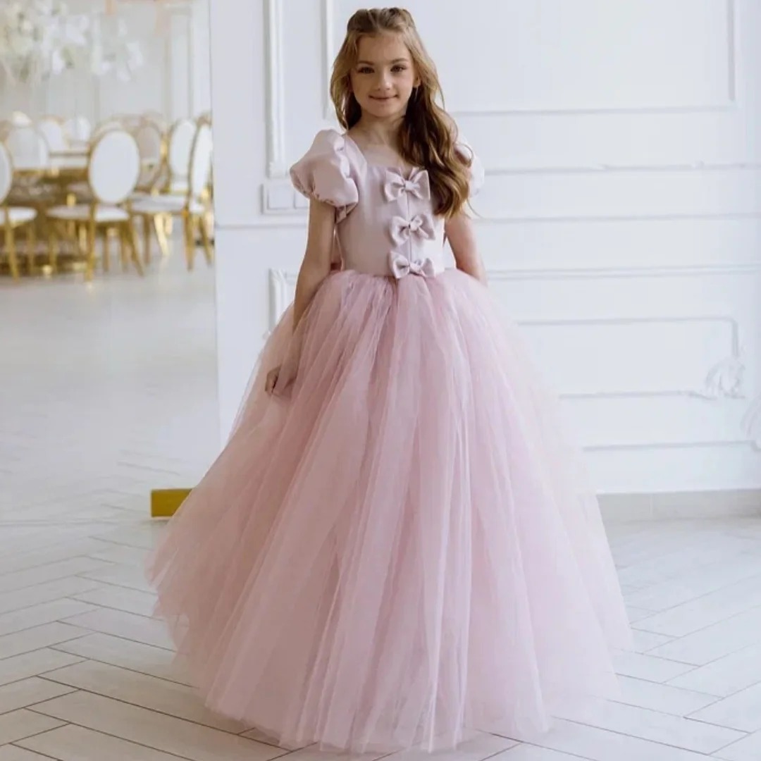 

Customized Flower Girl Dress Pink Satin Tulle With Bow Short Sleeve For Wedding Birthday Party Prom Banquet Princess Gown