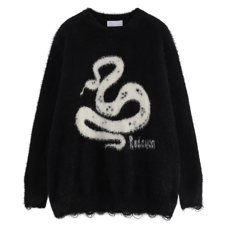 Snake Year Zodiac Unique Knitted Sweater Loose Fit Soft Supple Jacquard Design Casual Crew Neck Top For Men And Women