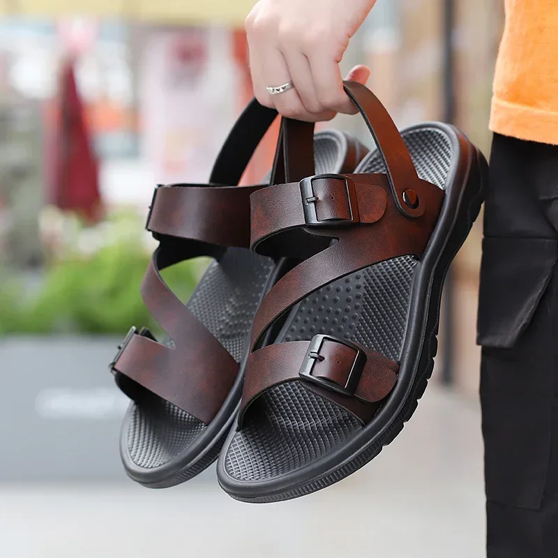 

Casual Sport Slippers PU Leather Non-slip Breathable Roman Beach Flip-Flop Garden Shoes Summer Sandals for Men Outdoor