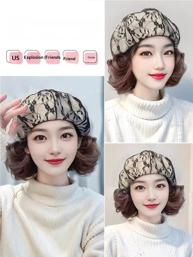 10inch Short Curly Beret Wig Hat Synthetic Short Curly Wig Female Hat Wig Suitable for Daily Use Heat-resistant Hair