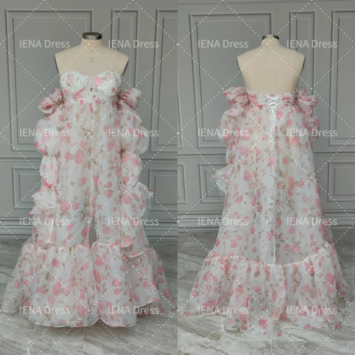 14810#Flower Print Open Front Maternity Dress for Photoshoot Maternity Robes Babyshower Photography Wedding Gown Puff Sleeve