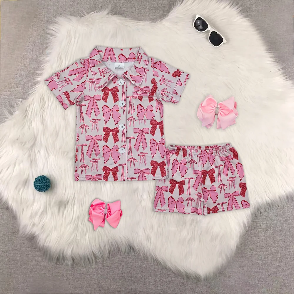 

Baby Girls Pink Bows Pocket Lapel Buttons Shirt Shorts Pajamas Sets