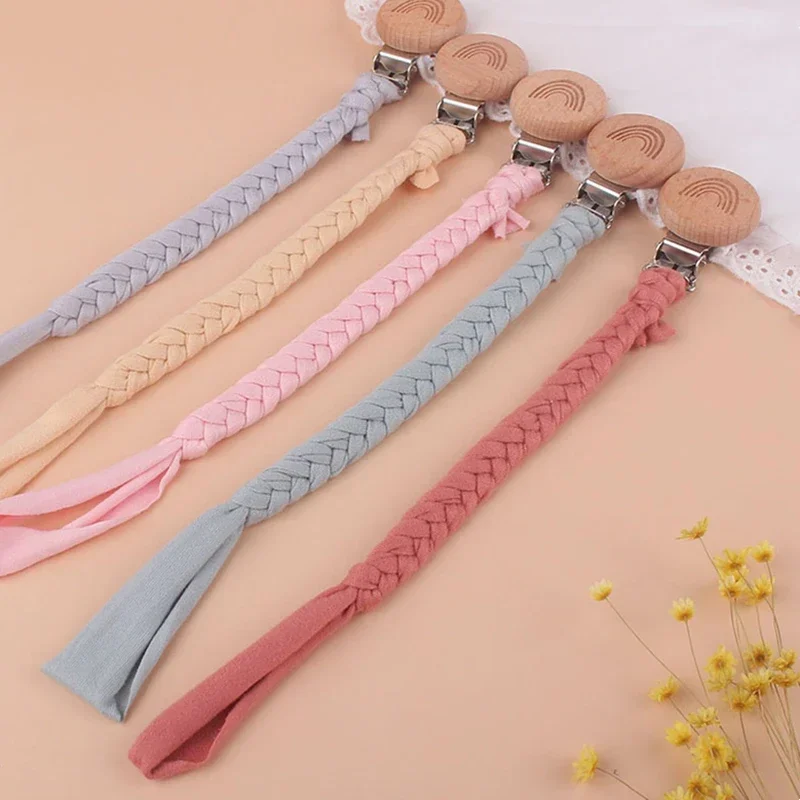 Hand Braided Cotton Cloth Pacifier Chains Handmade Wooden Dummy Pacifier Clips Safety Baby Girl Boy Eco-friendly Holder Chain