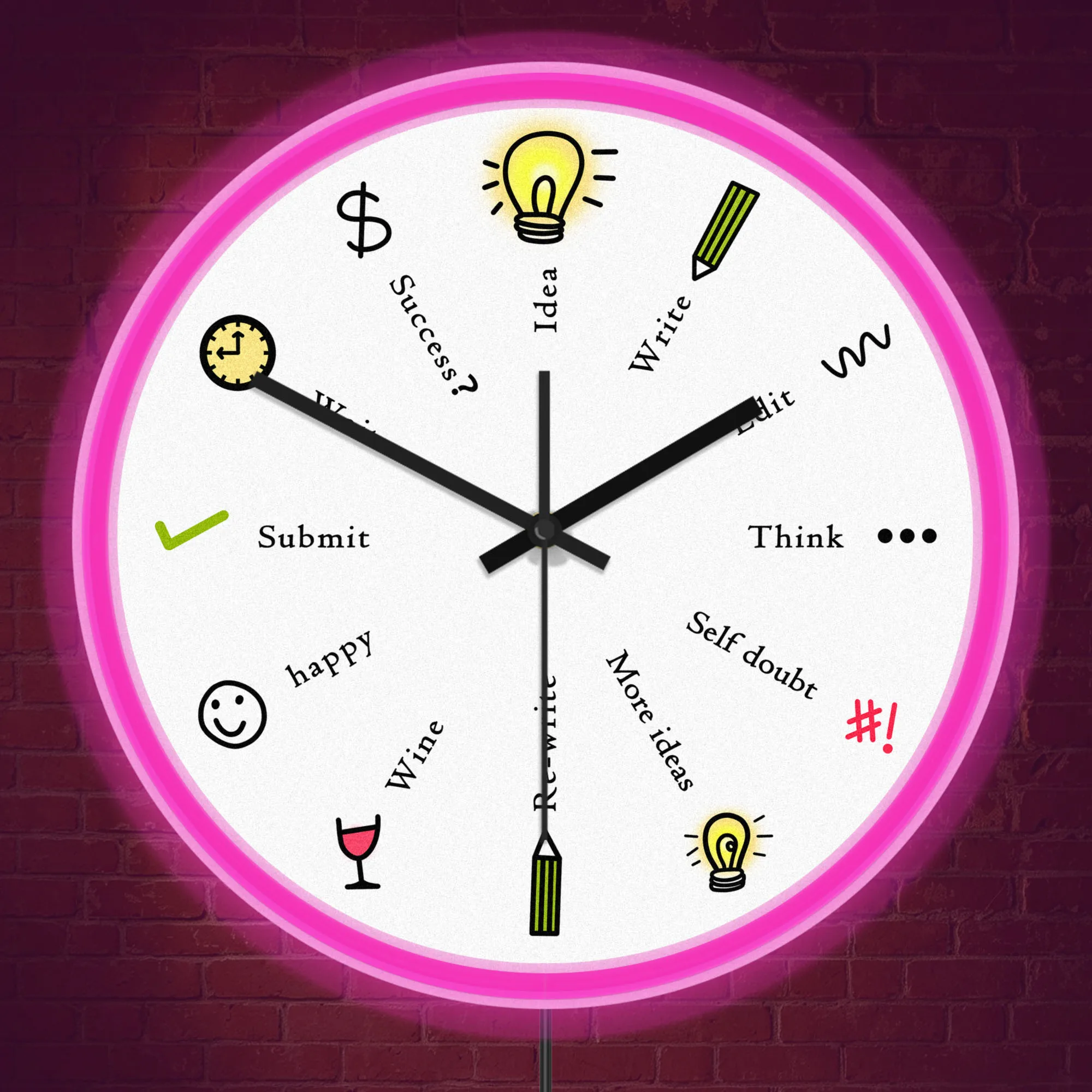 Funny Writer Workflow LED Neon Wall Clock for Writing Studio Home Office Creative Author Writing Process Illuminated Rim Clock