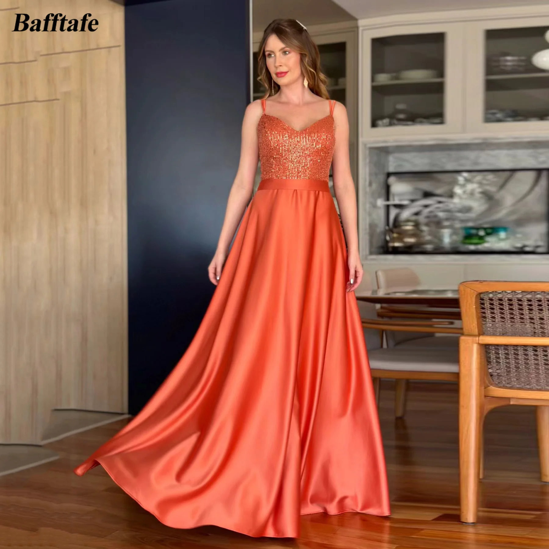 Bafftafe-Laranja Cetim Feminino Vestidos de Baile, Linha A, Correias Lantejoulas Brilhantes, Espartilho, Festa Formal, Vestidos De Noite, Roupa De Clube Noturno, Longo