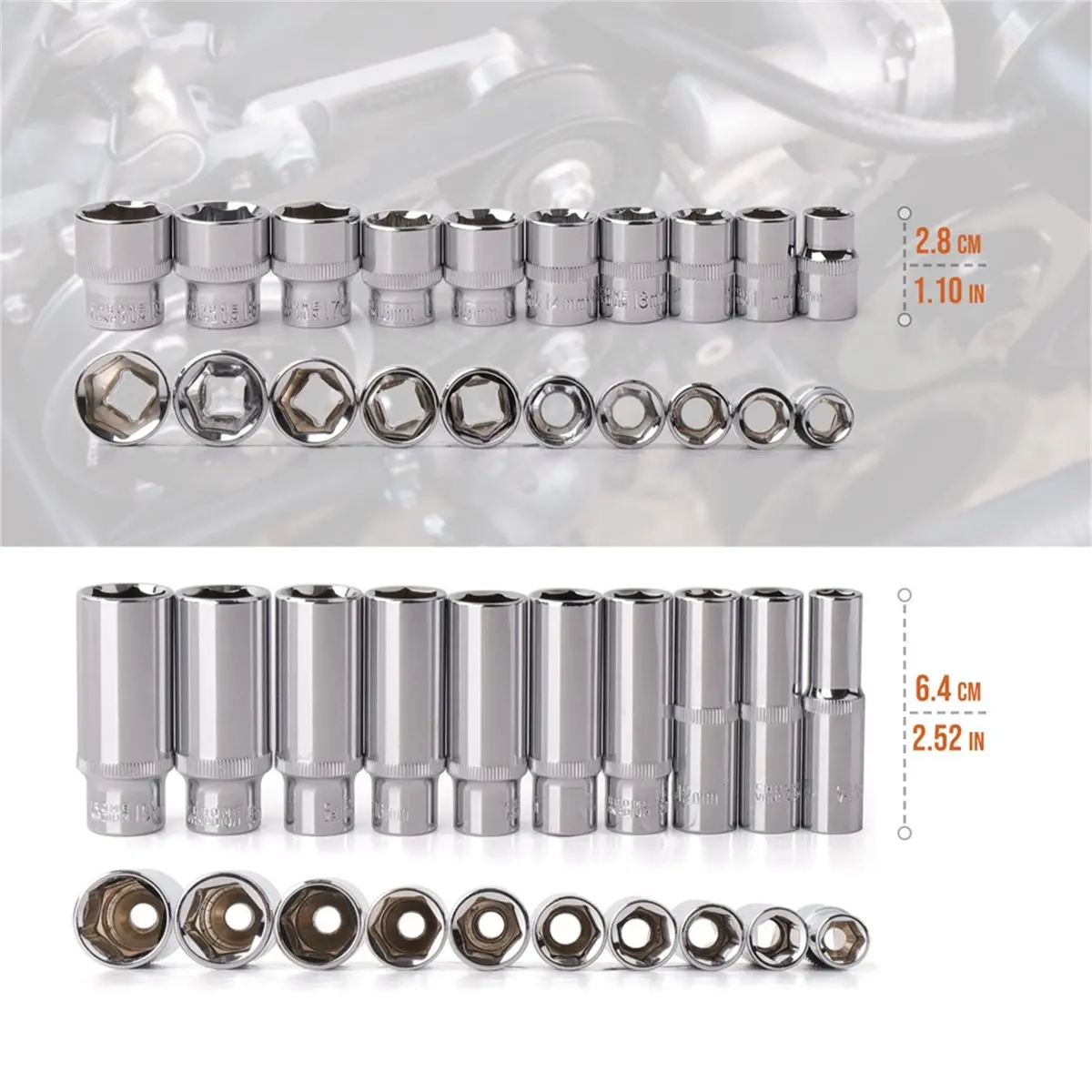 3/8 Inch Deep Socket Set -V 10-19mm Deep Socket Adapter Torque Ratchet Socket Wrench Repair Hand Tool Short