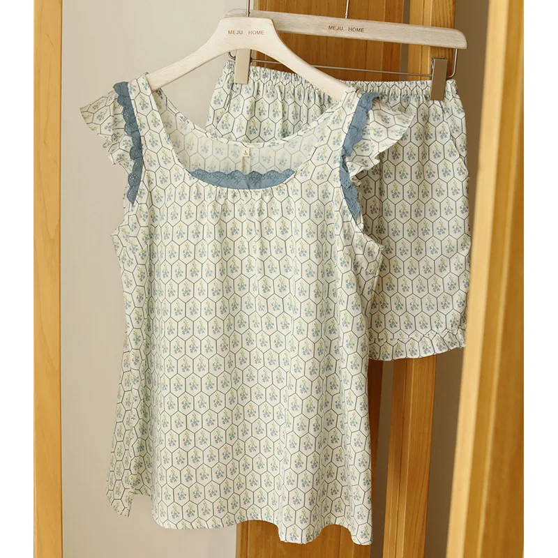 

Summer Pajamas Women's Pure Cotton Sweet and Cute Suspender Sleeveless Shorts 2PCS Cotton Gauze Loungewear Set