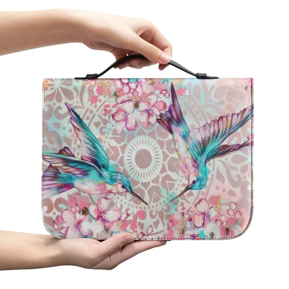 Trendy Floral Hummingbird Print Bible Storage Bags for Women Leather Bible Cover Case Zipper Handle Handbags Bible Carrying Case