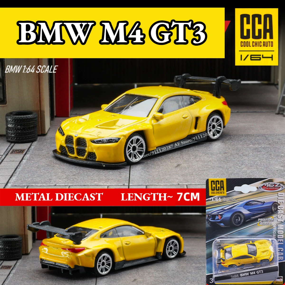 Scale 1/64 Metal Mini Car Model, BMW M4 GT3 Yellow Replica Miniature Art Vehicle Diecast Collection Gift Toy for Kid Boy Friend