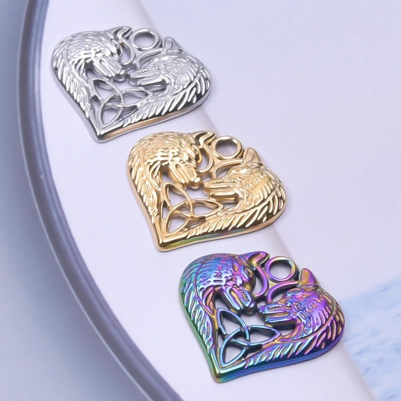 3Pcs Stainless Steel Wolf Head Heart Pendants Hollow Celtic Knot Charms DIY Jewelry Accessories For Bracelet Necklace