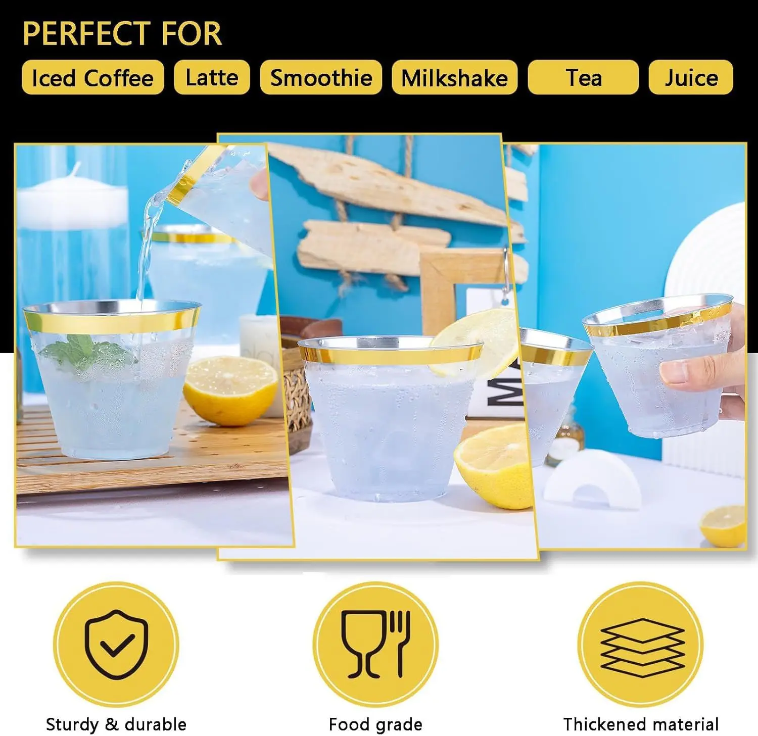 100Pcs 9OZ Clear Cups - Plastic Disposable Cups with Gold Trim, Heavy Duty & BPA-free for Party, Wedding, Reception