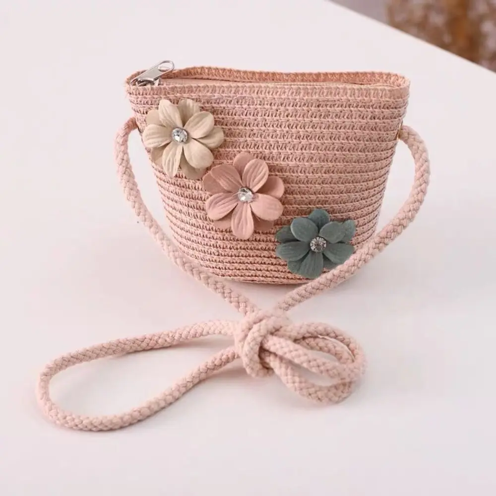 New Handmade Girls Shoulder Bag Flower Straw Crossbody Bag Messenger Bag Kids Keys Coin Purse Cute Princess Mini Rattan Handbag