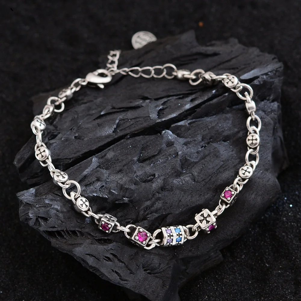New Arrival Vintage Cross Design Colorful Crystal Thai Silver Ladies Charm Bracelet Promotion Jewelry For Women Gifts