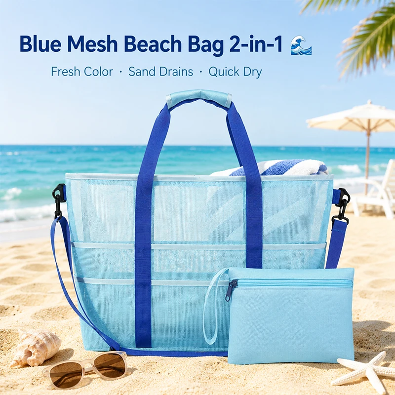 2-in-1 Schnelltrocknende Netz-Strandtasche Sandabweisende Strandtasche mit Abnehmbarer Reißverschlusstasche
