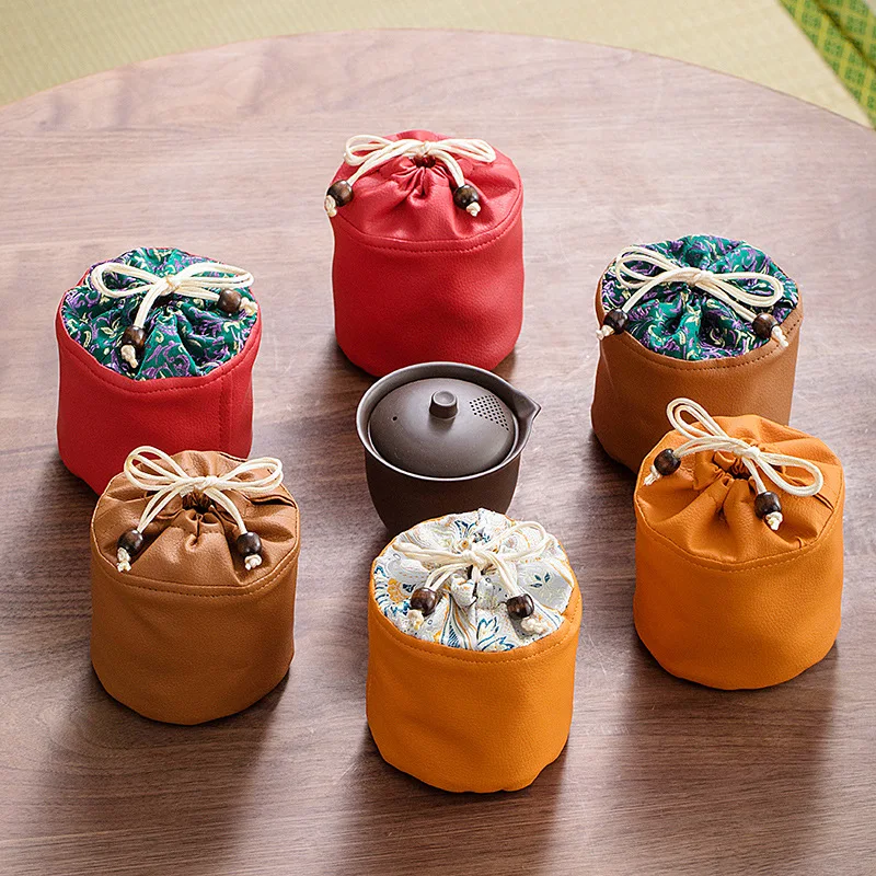 

Outdoor Travel Teaware Storage Bag Pouch PU Leather Tea Cup Bag Water Cup Holder Jewelry Teacup Drawstring Bag