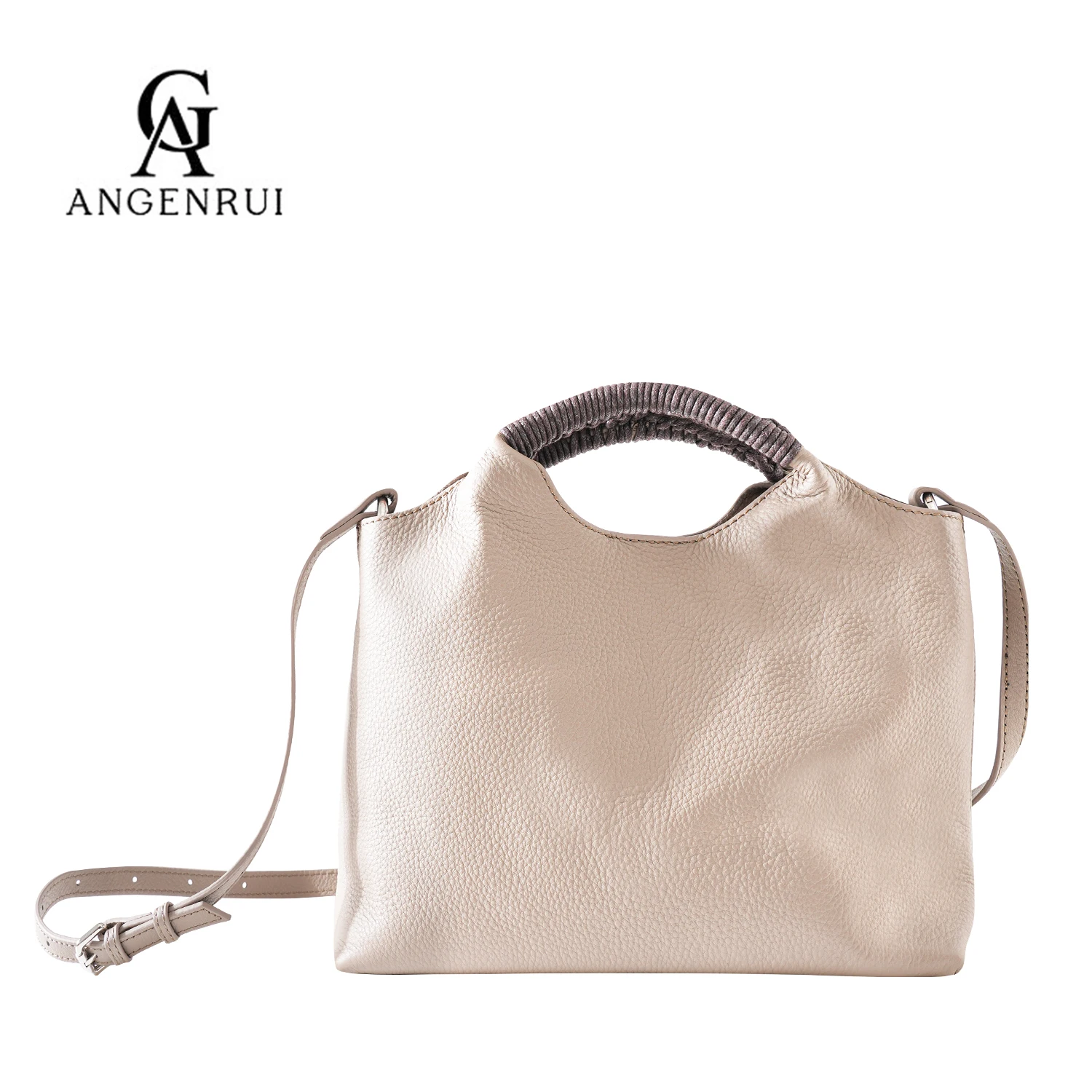 

ANGENGRUI Leisure Fashion Genuine Leather Women's Bag Handwoven Handle High Capacity First Layer Cowhide Handheld Shoulder Bag