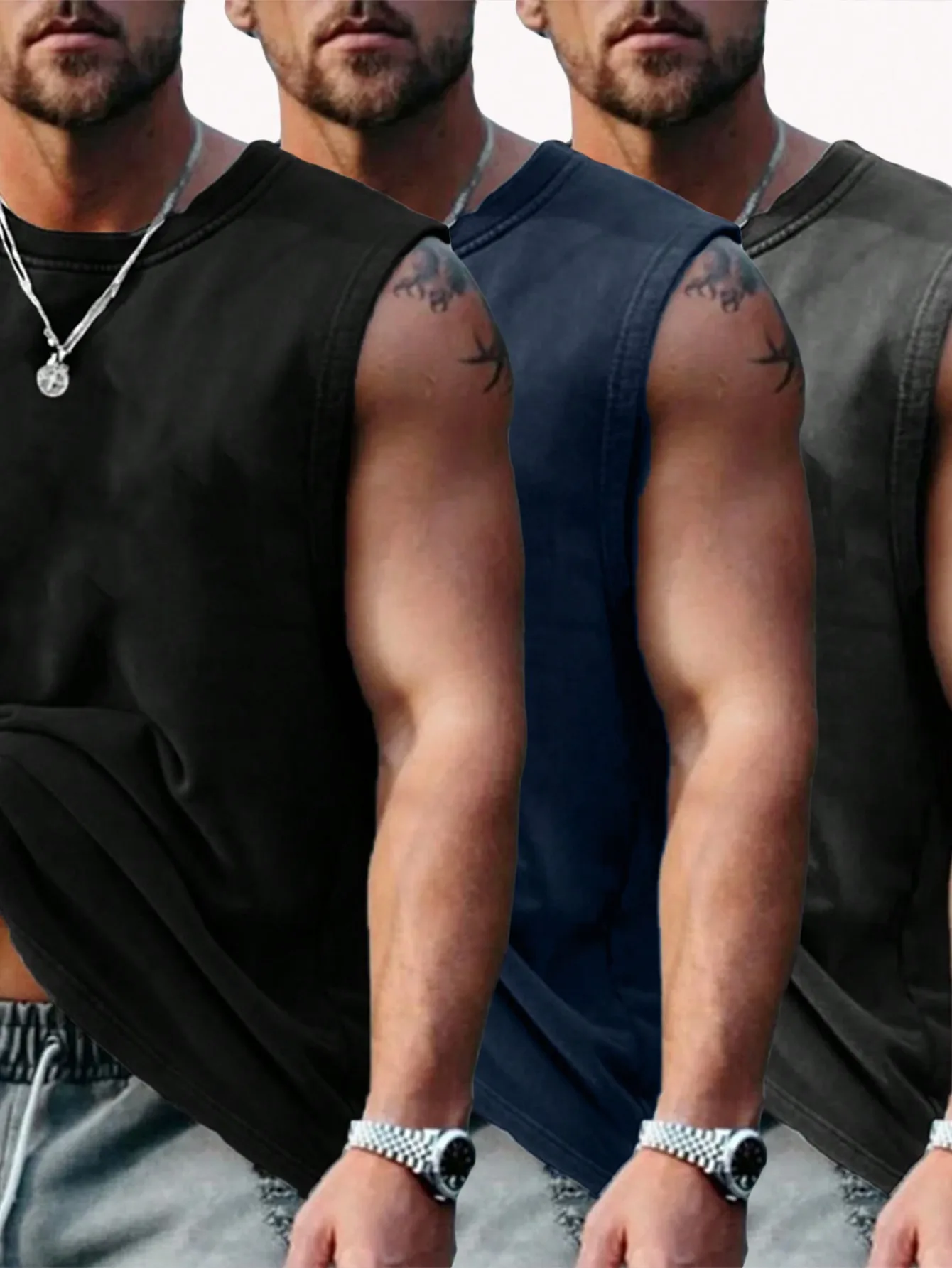 

Набор из 3 мужских однотонных майок без рукавов для летней повседневной носки