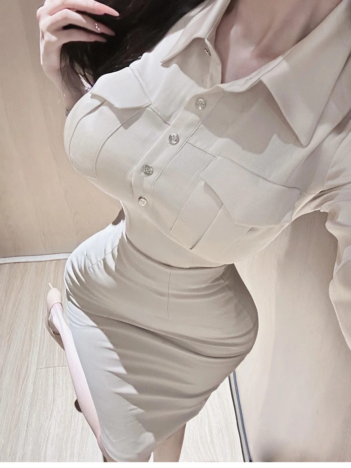 

OL Commute Sle High Waist Finet Sister irt Sve Top And Skirt Set Breathable Cotton Polyester Blend Five Sve Length