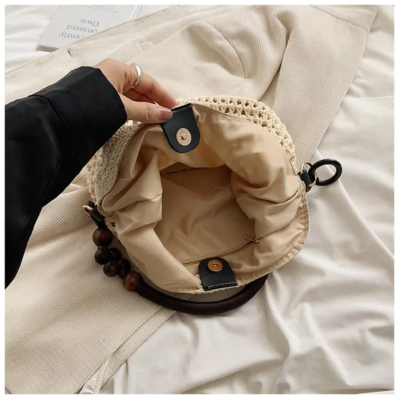

ABRT-Fashion Women Beach Woven Hobo Handbag Bead Handmade Shoulder Bag Purse Large Capacity Single Shoulder Hollow Out Tote