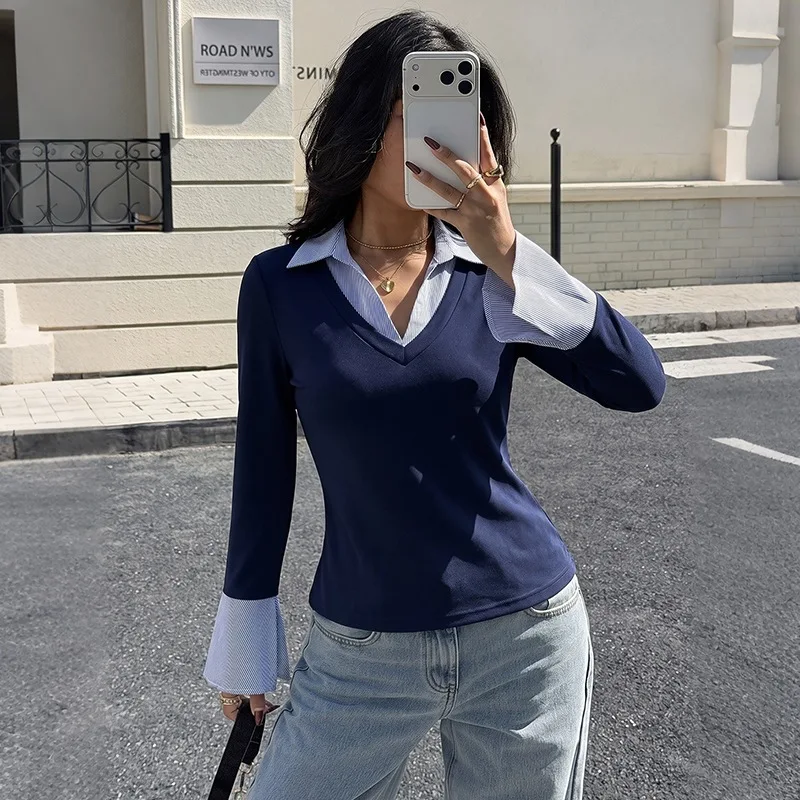 Color Blocking Splicing V-neck Slim Fit Pullover T-shirt, 2026 Autumn New Top for Women