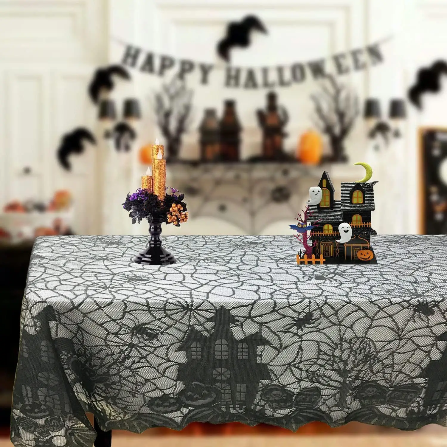 Halloween Spider Web Lace Tablecloth Simple Black Haunted House Skull Pumpkin Table Cloth for Party Home Decoration Table Decor