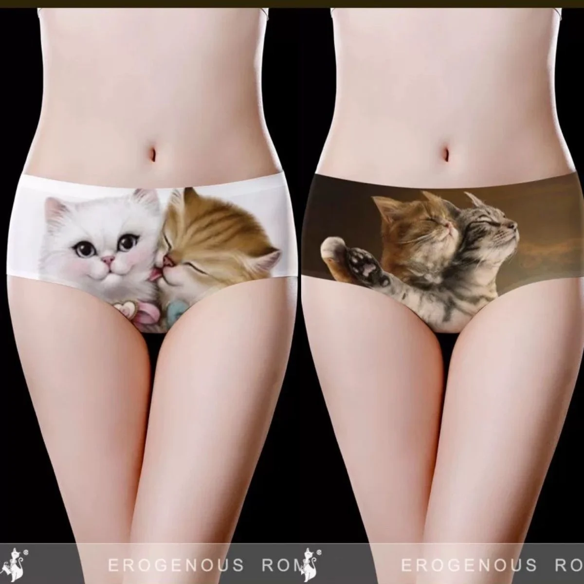 Ice Silk Cat Seamless Panties Summer Women\'s Underwear Cartoon Printed Underpanties Half Boxer Lingerie Mid-Waist Briefs