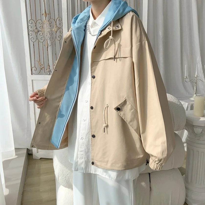 

Casual Men's Spring Autumn Hooded Jaet Fake Two-Piece High Street Hong Kong Sle Loose Fit Warmth Outerwear Faionable