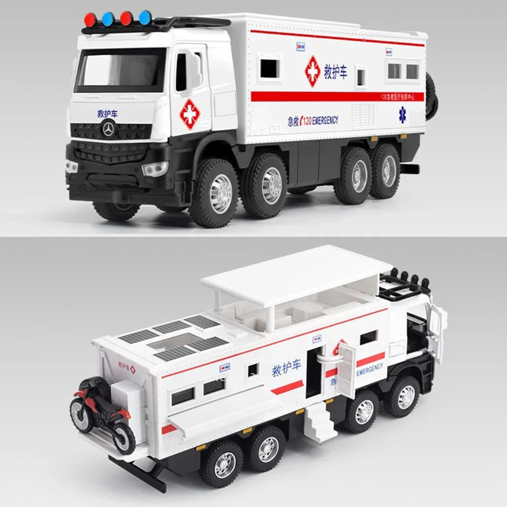 Modèle de voiture d'ambulance nomadisme Fire Engine, alliage moulé sous pression, son et lumière, nervure arrière, véhicule de tourisme, cadeaux pour garçons, échelle 1/24