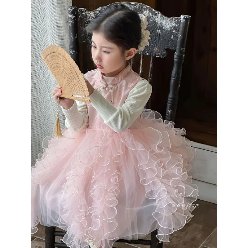 

2025Girls' Spring and Autumn New Fashionable Chinese Style Embroidered Puffy Mesh Two-Piece Set